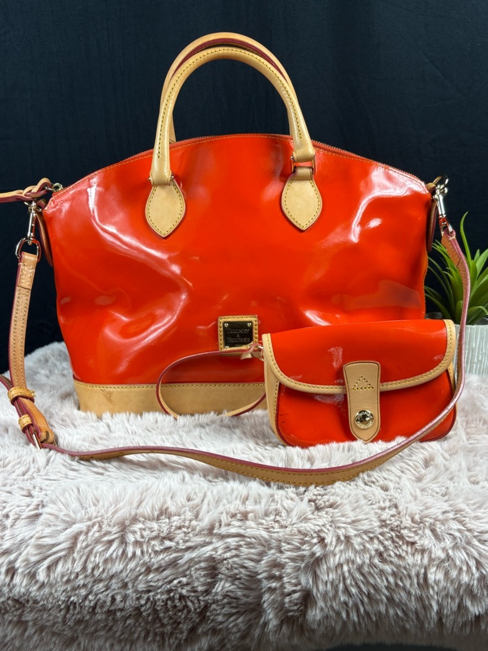 Dooney & Bourke Darcy Orange Patent Leather Satchel Handbag & Matching Wristlet